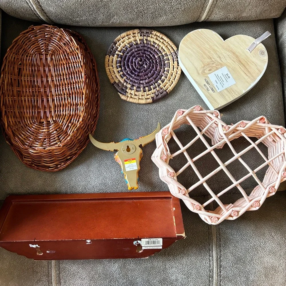Boho Home Decor Bundle Sunburst Mirror Woven Baskets Faux Succulents Steer Skull